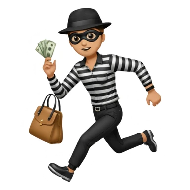 Make a man wear a black pant and he shirt is balck line and white line and wear a black hat and he holding a money bag and he running he wear a black eye thing sticker