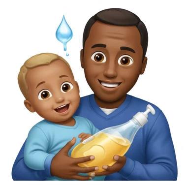 Sean “Diddy” Combs with baby oil and a very small infant and he’s pouring the baby oil on the infant that is laughing with a very exaggerated expression sticker