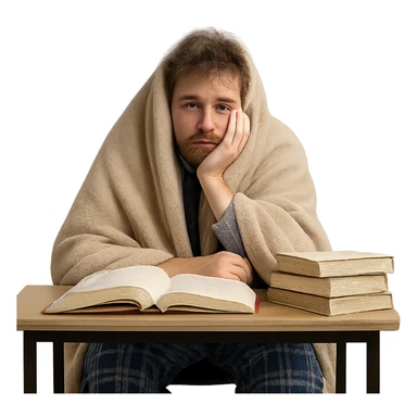 student in pajamas, wrapped in blanket, sitting at desk with textbooks, looking exhausted and hungover sticker