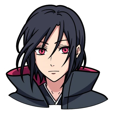 Itachi Uchiha with long black hair, Sharingan eyes, facial lines under his eyes, wearing Akatsuki cloak sticker