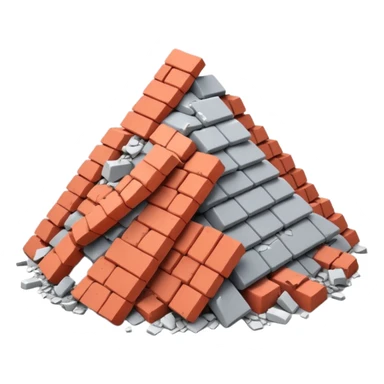 3D iPhone style emoji of a pile of bricks, roof pieces, and wall rubble, scattered and broken, isolated on white background, soft shadows, high detail, playful and cute sticker
