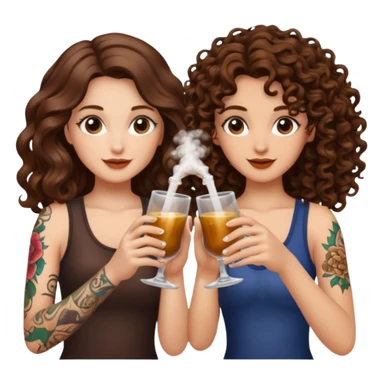 vial cheers — long wavy brown hair tattooed woman and short tight curly brown hair woman — clink potions sticker