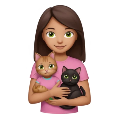 As una chica con piel marron claro con el pelo  medio largo color marron oscuro que tenga la chica una camiseta rosada mangas cortas con un jean claro que tenga ojos marrones la chica que la chica este sonriendo mientras sostiene entre sus brazos un gato negro gordito. sticker