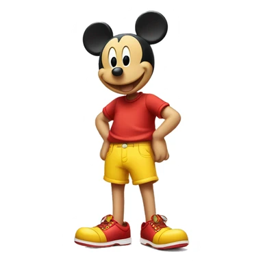 Mickey Mouse wearing red shorts and big yellow shoes, smiling happily. sticker