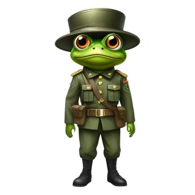 Bugg frog wearing a soldier uniform with a gun sticker