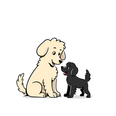 large light cream colored goldendoodle and a small black golden retriever, hand-drawn doodle style, sketchy, charming sticker