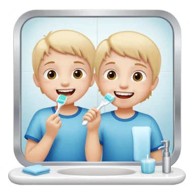 child brushing teeth in front of a bathroom mirror, cheerful expression sticker