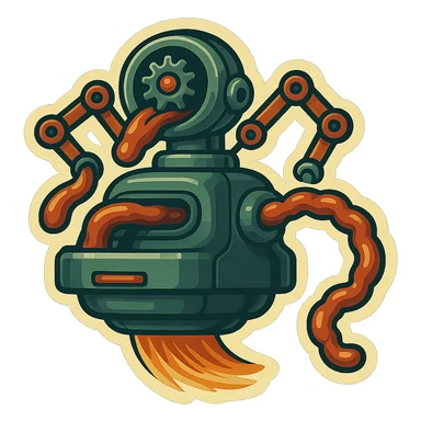 sausage-processing droid. retro-futuristic style. in front is a large industrial grinder rotating gears and blades. Two robotic arms feed material into grinder. Sausage links extrude from the rear like  factory. The body is metallic, compact, and floats above the ground.no legs. Dark humor sticker