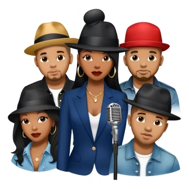 Icon for R&B Music: collage of R&B artists—Victoria Monét, Summer Walker, Usher, Chris Brown, and Muni Long. Each represented by a silhouette or symbolic item like a microphone, fedora, or music notes, reflecting the soul and energy of R&B. Transparent background. sticker