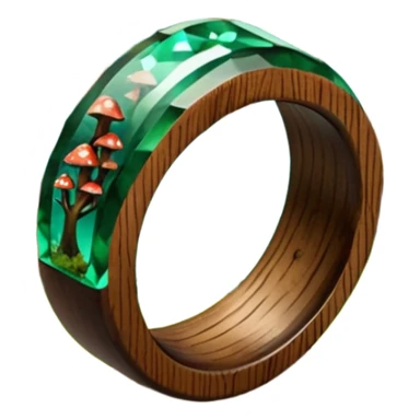dark wood ring with epoxy resin in forest green pines and mushrooms crystal sticker
