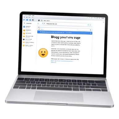 Create an emoji representing blogging as a form of content creation. The design should feature a laptop or desktop computer with an open blog page on the screen, showing visible text and perhaps a photo or graphic. Make the background transparent. sticker