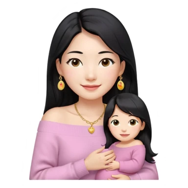 South Korean girl in her mid-thirties with long black hair and a middle part. She is wearing a baby pink, off the shoulder long sleeve knit sweater. She has small gold earrings and a gold necklace. She has brown eyes with narrow, mono lid shape and smiling with lips together sticker