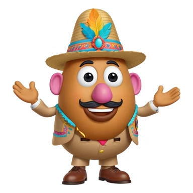 Create a 3D Pixar-style Mr. Potato Head character with a rounded, slightly uneven shape, expressive eyes, a wide smile, and cartoonish limbs, dressed in a colorful suit with intricate embroidery, a vibrant hat adorned with a feather sticker