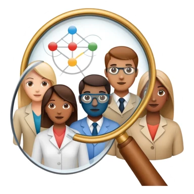 An icon featuring a group of diverse people, a social network diagram, and a magnifying glass, symbolizing sociology. The design includes charts and interconnected lines, representing the study of societies, relationships, and social behavior. Transparent background highlights social analysis. sticker