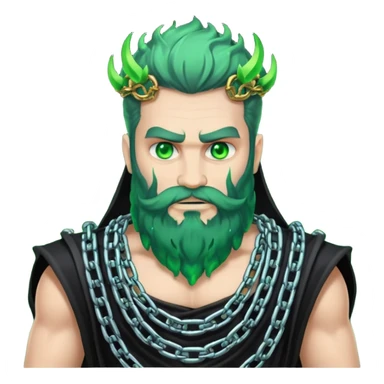 hades greek god with green flames and beard with chains on his arms and neck sticker