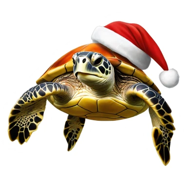 a sea turtle is swimming, smiling, wearing a santa hat, art, realistic art, white background, side view sticker