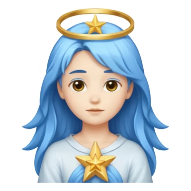 A soft-faced angel with flowing blue hair and glowing halo, holding a small star.






 sticker