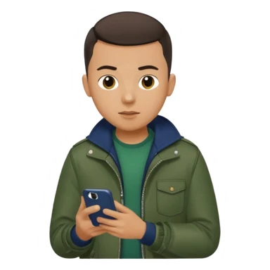 a tan boy with buzzcut and drak hair dark green jacket and navy blue bag looking at his phone sticker