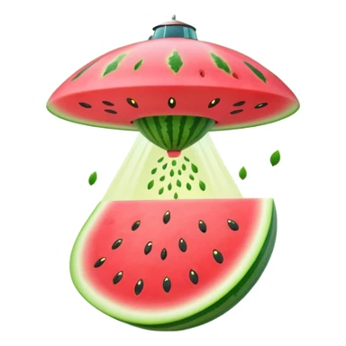 A UFO shaped like a slice of watermelon abducting seeds with a tiny tractor beam. Bright fun colors, cartoon style, minimal shadows, transparent background. sticker