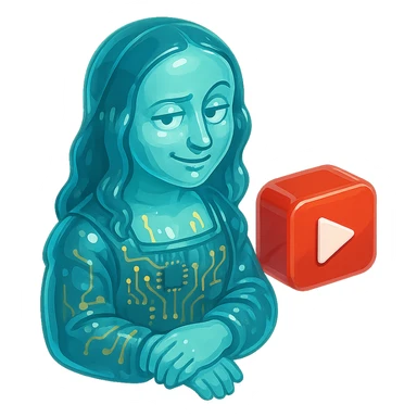 Mona Lisa with a sarcastic expression, holding or next to a red YouTube play button, glossy circuit style sticker