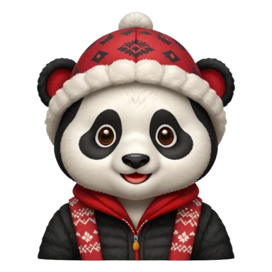 Photorealistic close-up of a cute, smiling panda wearing a red patterned winter trapper hat. Happy expression, cheerful vibe. Simple studio background. Detailed textures, sharp focus sticker