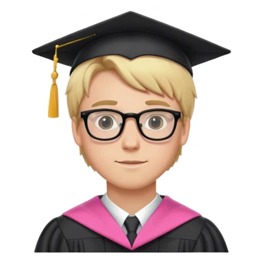 A blonde-haired young white man, wearing glasses, in the middle of his graduation with a black and pink theme sticker