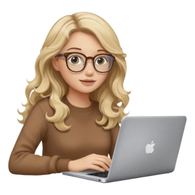blonde girl with long dark blonde wavy hair, pantos-style glasses, a brown sweater, sitting with a laptop, soft pastel, upper body shot sticker