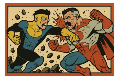 Invincible and Omni-Man in an intense battle scene, comic book style, dramatic action, debris flying, powerful punches, dynamic poses sticker