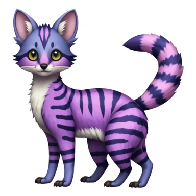 Beautiful fluffy vibrant soft exotic elegant spotted dotted thick puffy hyper-realistic lifelike furry Indigo, purple, violet, pink, Civet-Genet-Possum-Serval-Caracal-Sergal-Trico-Numbat-Furret-fusion-Fakemon-hybrid-creature (full body) with long tufted ears and a striped tufted tail  sticker
