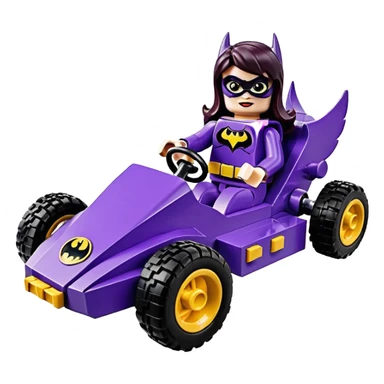 Hot full size real-appearance retro electric racing action BatGirl’s Lego feminine midnight-purple tight outfit sixty’s tv show 1992 stealthy retro sporty safe plush petite off-road pursuit cruiser car rose gold accents (black hair,reclined and relaxed torso seating position) go kart  sticker
