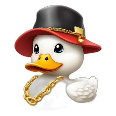 a white cartoon duck with a cap on his head thats in red and white, with a golden chain sticker