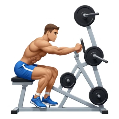 side-view bodybuilder in blue shorts seated weighted calf-raise machine on his tip toes sticker
