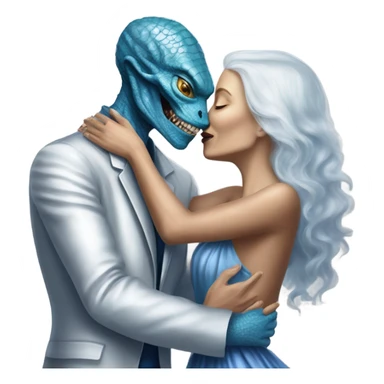 White man in blue dress  hugs and kissing Alien reptilian woman in silver dress  sticker