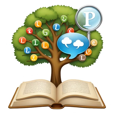 An icon featuring an open book, a speech bubble, and a linguistic tree, symbolizing philology and linguistics. The design includes alphabets, language symbols, and a magnifying glass, representing the study of language, structure, and meaning. Transparent background sticker