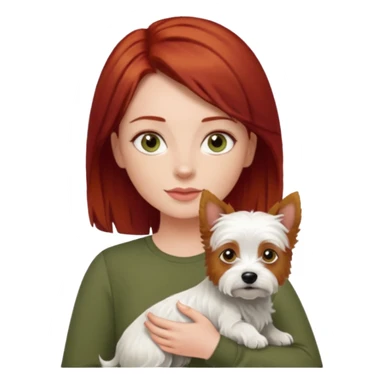 Westie dog being held by woman with dark shoulder length red hair and hazel eye wearing olive green top sticker