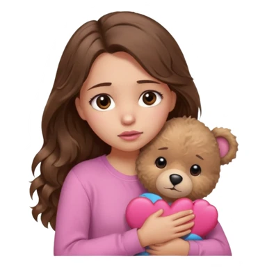 girl with long wavy brown hair, brown eyes, light to medium complexion, in a pink shirt, pink lips, long lashes, sad crying , hugging a teddy bear with a  heart sticker