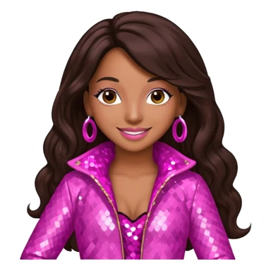 Mya, R&B Singer with dark brown long hair, pink sequin outfit sticker