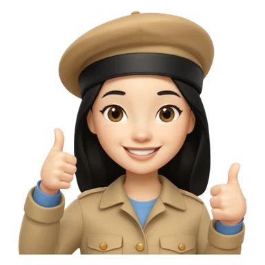 3D cartoon female character giving thumbs up, wearing beige beret, long black hair, smiling warmly with confident expression, clean white background, Pixar-style lighting, cute and friendly iPhone memoji aesthetic, high quality soft shading, centered composition sticker