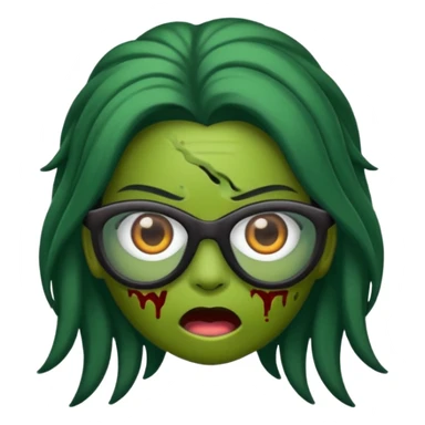 crie um emoji de zumbi feminino, com pele verde, óculos preto e cabelo longo preto sticker