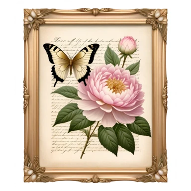 An aged botanical journal, its golden-edged pages filled with delicate pressed pink roses, white peonies, and blush dahlias, as a pearl butterfly delicately rests on the handwritten notes.
 sticker