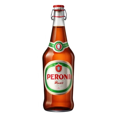 Glass bottle Peroni with red marketing tape and a brown glass bottle color sticker