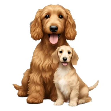 Brown golden doodle and black and tan and cream longhair dachshund sitting together  sticker