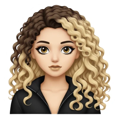 brunette, baddie, pretty makeup, black eyeliner, split dye leftside blonde rightside black long and curly hair sticker