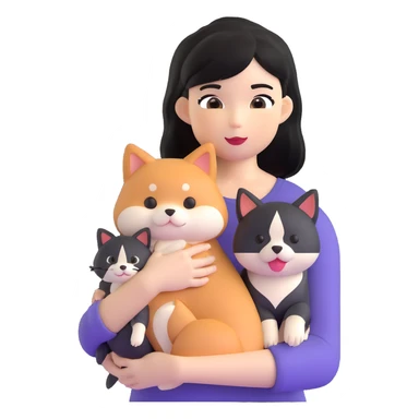 girl with black shoulder-length hair wearing a black tight-fitting top with a calico cat with white mouth and a shiba inu dog sticker