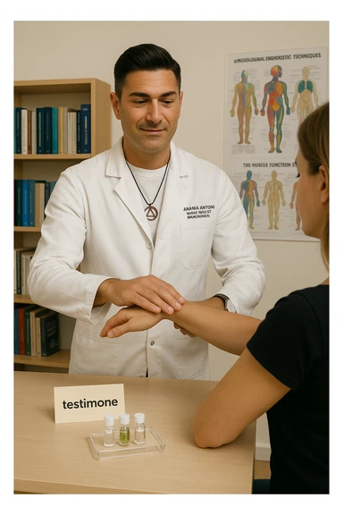 a middle-aged man in a calm, well-lit studio, wearing casual professional attire, performs a classic muscle test on a client’s outstretched arm. On a nearby table, there are small envelopes or vials labeled “testimone” representing samples or objects connected to a distant person. The atmosphere is focused and serene, with books and charts about kinesiological techniques in the background. sticker