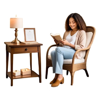 A person sits mindfully in a chair, a gratitude journal nearby, and a phone turned off. A bird chirps outside, a scented candle burns, and a small hidden gift bag peeks from under the table. A framed quote says, "Be Kind to Yourself," while they share a smile with someone. sticker