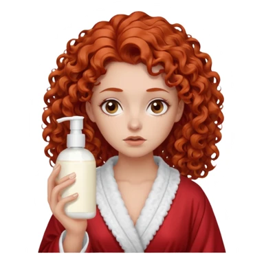 Cartoon emoji of a girl with voluminous curly red hair, fair skin, brown eyes. Wearing a chic milky silk robe with long sleeves, no makeup. Portrait mode, holding 2 moisterizers or different skin care products, looking super doubtful twisted and unsure. she is miserab;e sticker