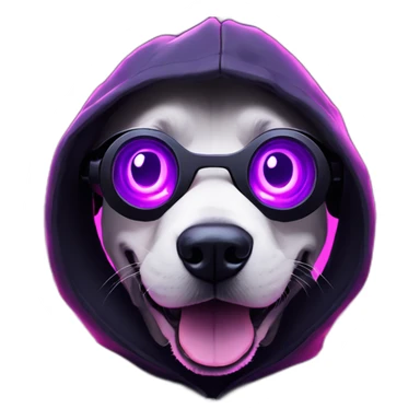 funny dog wearing a black hoodie with "OMG" letters on it and VR headset in a cyberpunk VR environment with violet neon lighting. sticker