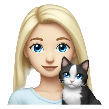 Blonde girl blue eyes snuggling fluffy black and white tuxie cat sticker