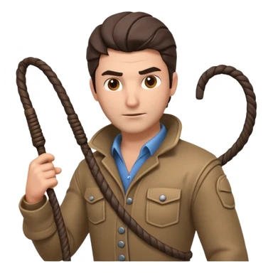 man with a whip portrait, head and shoulders only, whip coiled on shoulder, rugged outfit, confident look, 3D cartoon, mobile game icon style, clean background, no text, no watermark
 sticker